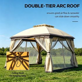 Beige 10' X 12' Outdoor Gazebo Canopy Shelter Double Vented Roof Zippered Mesh Sidewalls Solid Steel Frame