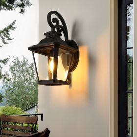 21"(H) 1-Pack Outdoor Wall Lantern Light – Vintage Black Metal & Clear Glass Sconce with Decorative Scroll Design for Porch, Patio