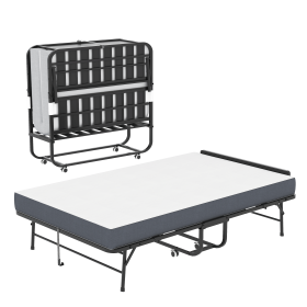 75"x46" Wide Folding Bed with Adjustable Headboard, Extra Long Rollaway Bed for Tall People, 5" Memory Foam Mattress, Heavy-Duty Guest Bed on Wheels