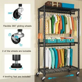 Heavy Duty 3-Tier Rolling Garment Rack Carbon Steel Clothes Organizer with Locking Wheels Dual Hanging Rods Side Hooks Freestanding Metal Wardrobe Sto