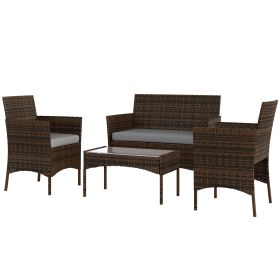 4 Pieces Wicker Outdoor Balcony Furniture Set Rattan Patio Furniture Set with Loveseat Chairs Glass Coffee Table Grey