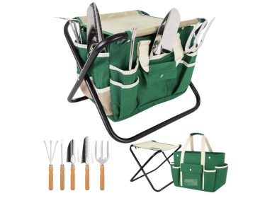7-Piece Green Gardening Tool Set – Stainless Steel Tools with Wooden Handles, Folding Stool & Canvas Tote, Durable Garden Kit for Every Gardener (Style: 7piece)