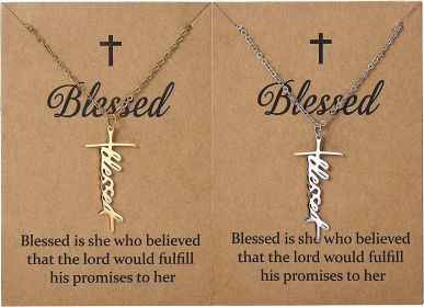 2PCS Faith Cross Necklace Blessed Hope Strength Pendant Necklace Silver Gold Stainless Cross Necklace Christian Religious Inspirational Gift for Women (default: default)