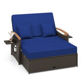 Outdoor Wicker Daybed with Folding Panels and Storage Ottoman (Color: Navy)