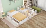 Twin Size Wood Daybed with Fence Guardrails and 2 Drawers, Split into Independent Floor Bed & Daybed
