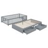 Twin Size Wood Daybed with Fence Guardrails and 2 Drawers, Split into Independent Floor Bed & Daybed